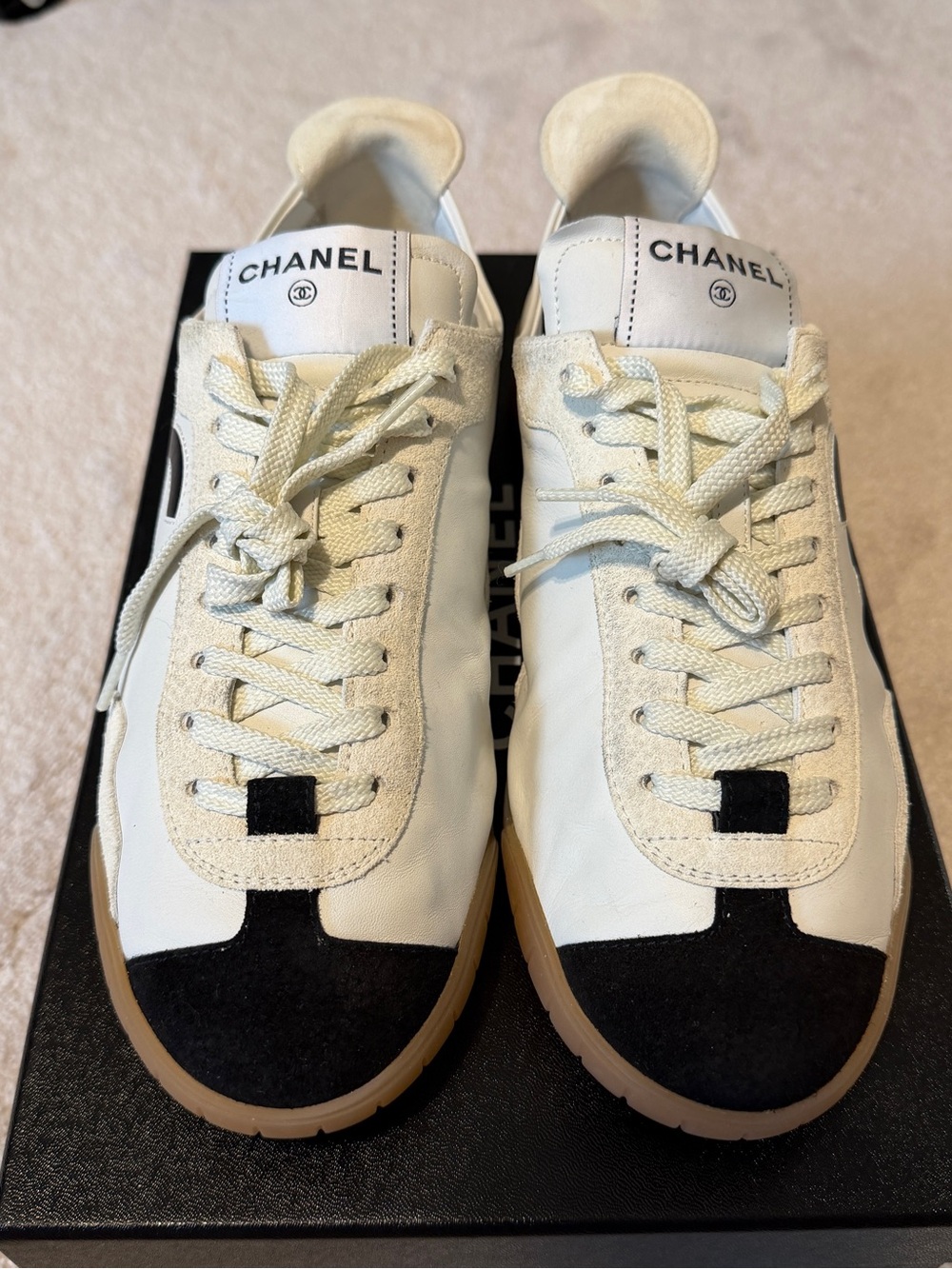 CHANEL White & Black Leather Sneakers
